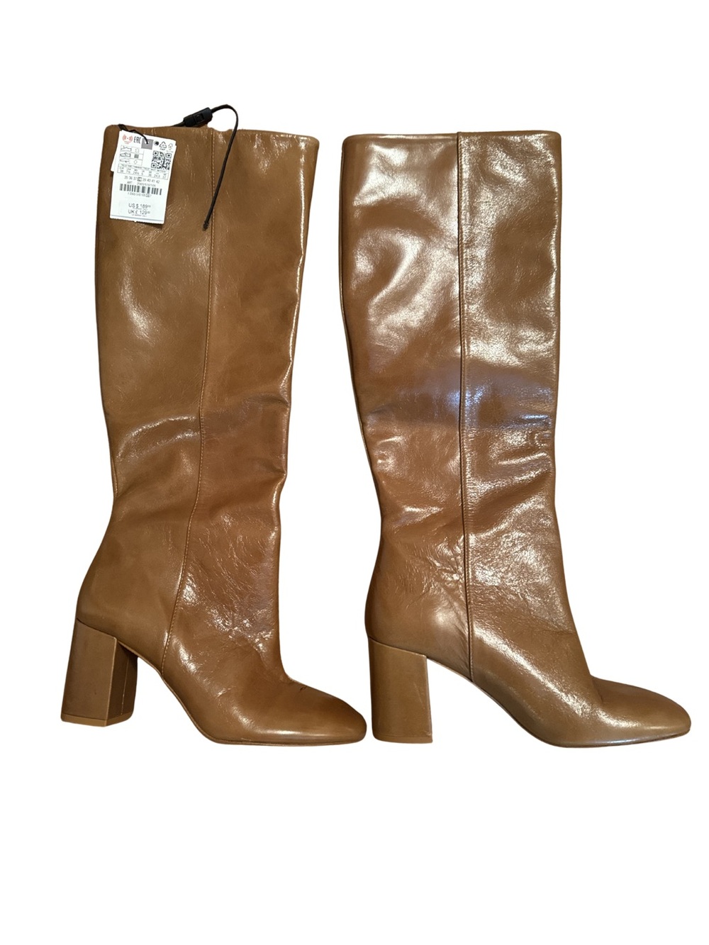 Zara Tan Knee-High Block Heel Leather Boots